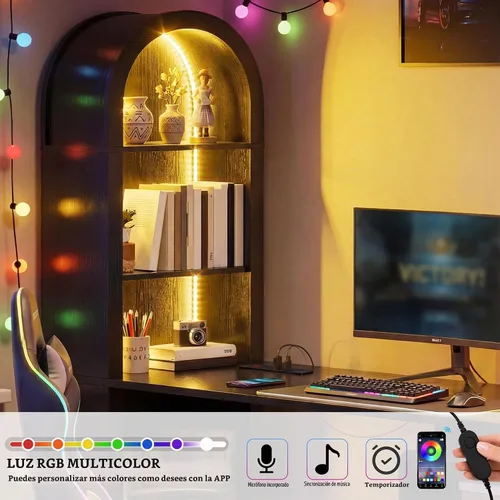 Vista 6 de YITAHOME Escritorio para computadora de 59 pulgadas con luces LED y tomas de corriente, escritorio de oficina en casa con estantería, cajón de Negro