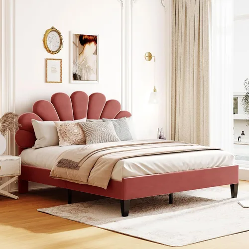 Vista 11 de Harper & Bright Designs Cama de plataforma, tamaño matrimonial, marco de cama tapizado de madera con cabecera de terciopelo con patrón de flores