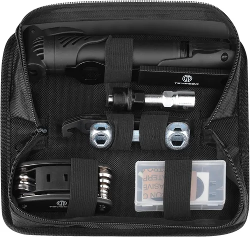 Vista 2 de Teyssor Bolsa de reparación de bicicletas con bomba de neumáticos, kit de herramientas de reparación de neumáticos de bicicleta, bolsa