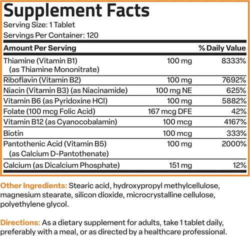 Vista 8 de Bronson Super B100 Complejo de Vitamina B de liberación sostenida contiene todas las vitaminas B (vitamina B1, B2, B3, B6, B9 - ácido fólico, B12)