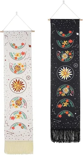Vista 8 de Ochine Paquete de 2 tapices de fase lunar para colgar en la pared, tapices bohemios, fases blancas y negras, decoración del hogar para sala de estar