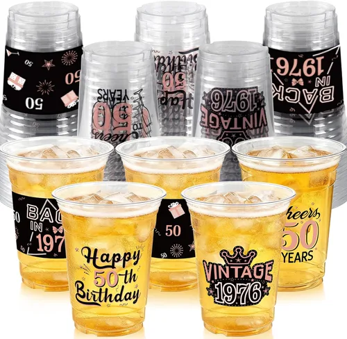 Vista 11 de 50 Piezas Vasos de Plástico para Fiesta de Cumpleaños 40 a Granel, 16 Oz Vasos de Beber Desechables de Plástico Transparente Negro Dorado