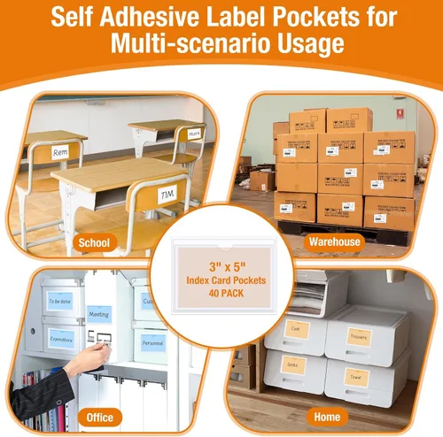 Vista 4 de 40 PCS Index Card Pockets, Self Adhesive Card Pockets 3"X5" with Top Open, Clear Label Pockets for Storage Bins, Plastic Labels Holders for