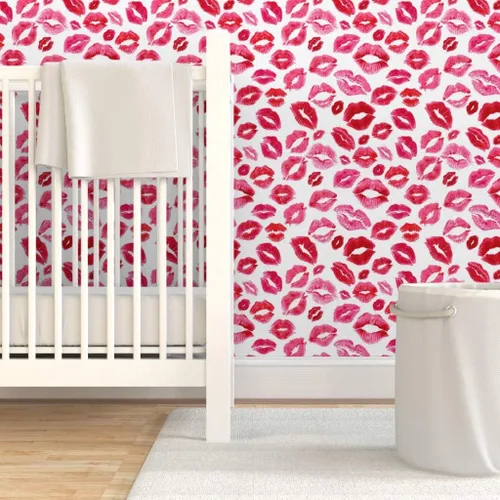 Vista 6 de Spoonflower Papel tapiz para despegar y pegar - Love Lips Red Valentine Beauty Lipstick Besos Acuarela Día de San Valentín Femenino Maquillaje Papel