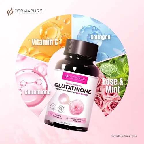Vista 2 de Dermapure - Píldoras blanqueadoras de glutatión 2 en 1, 600 mg con extracto de aceite de rosa, suplemento para aclarar la piel y desodorante 1 box