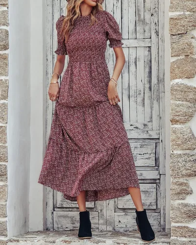 Vista 168 de BTFBM Vestidos para mujer, cuello redondo, casual, de verano, con volantes, manga corta, bohemio, con niveles, fruncido, largo, con estampado floral