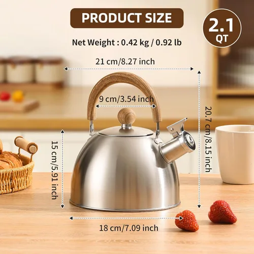 Vista 2 de Hervidor de té de acero inoxidable 18/8 para estufa (2L / 2.1 cuartos, tetera silbante, mango de madera) - Plateado