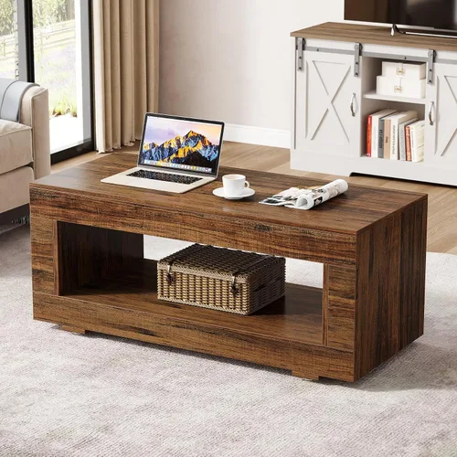Vista 6 de Tribesigns Mesa de centro de madera para sala de estar, mesa de centro moderna de granja de 43.3 pulgadas con almacenamiento, mesa central