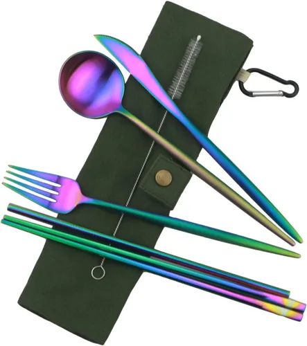 Vista 9 de Utensilios de viaje reutilizables, 7 piezas portátiles de acero inoxidable 304, incluyendo cuchillo, tenedor, cuchara, palillos, cepillo