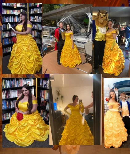 Vista 4 de Ainiel Disfraz de princesa para mujer, de satén amarillo (XL, estilo 1)