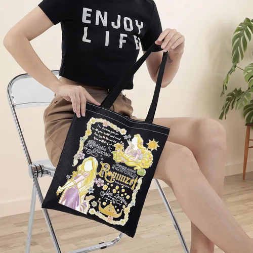 Vista 4 de BWWKTOP Bolso de mano de princesa Regalos de princesa Bolso de hombro de lona de princesa de pelo largo Bolsa de compras de princesa de cuento