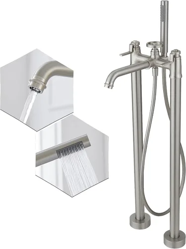 Vista 12 de Grifo de bañera independiente color negro mate con ducha de mano de una sola manija grifos de alto caudal para montaje en el suelo con estante BWE