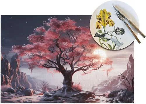 Vista 5 de 6 PCS PVC Placemats Set Place Mats Big Tree Growing on Pile of Stones Non-Slip Weave Place Mats 12" x 18" Farmhouse Table Mat Set for Family Dinners
