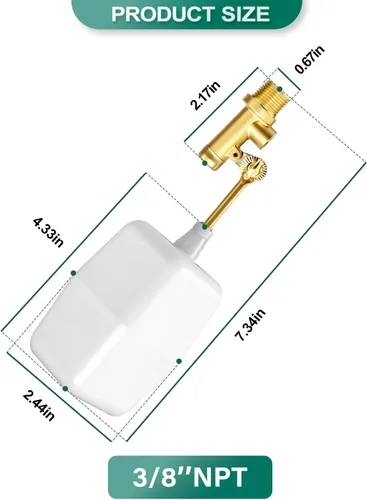 Vista 2 de Válvula de flotador de agua macho NPT de 3/8 pulgadas, válvula de control de nivel de agua automática de llenado y agua, con brazo ajustable
