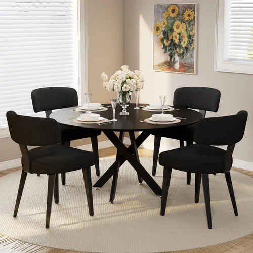 Vista 29 de Juego de mesa de comedor de madera para 2, mesa de cocina redonda de 36 pulgadas con 2 sillas de comedor Boucle, mesa de MDF con patas de metal