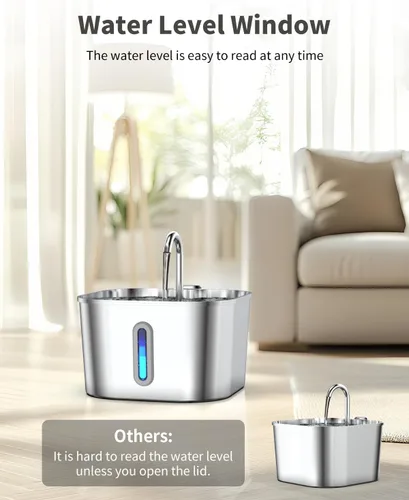 Vista 6 de Lawfery Fuente de agua para gatos de acero inoxidable, fuente automática de agua para gatos de 74 oz/2.2 L, dispensador de agua para mascotas