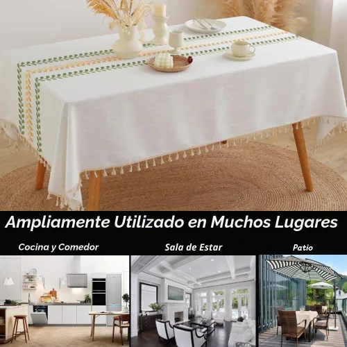Vista 6 de AMZALI Mantel cuadrado de lino de algodón con bordado de hojas, diseño para granja, con borlas, sin arrugas, cubierta de mesa para decoración