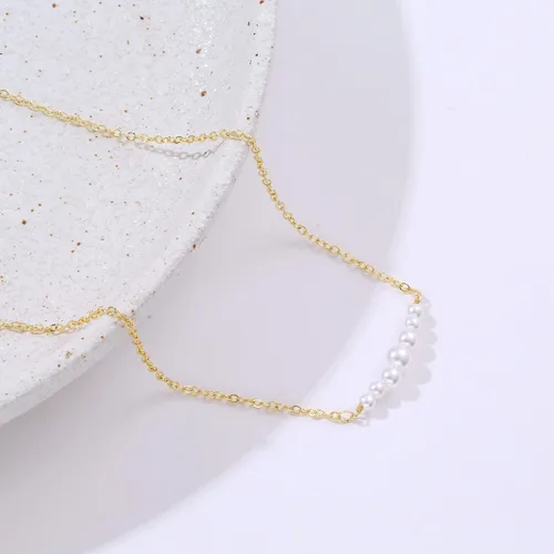 Vista 3 de Feskive Delicado collar con colgante de perlas para mujer, chapado en oro de 14 quilates, elegante collar de perlas de agua dulce, collar de perlas