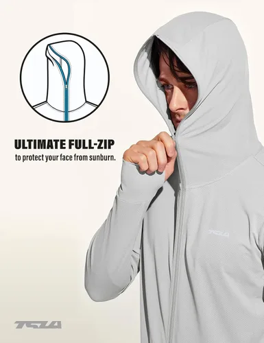 Vista 2 de TSLA Sudadera con capucha de manga larga UPF 50+ para hombre, con cremallera frontal, rendimiento UVSPF, ligera, para correr, pescar