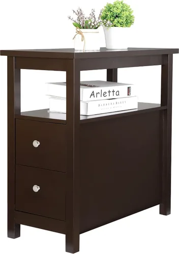 Vista 3 de LEMY Mesa auxiliar de madera con cajón y estante de almacenamiento, muebles de sala de estar, mesa auxiliar delgada para sofá, perfecta