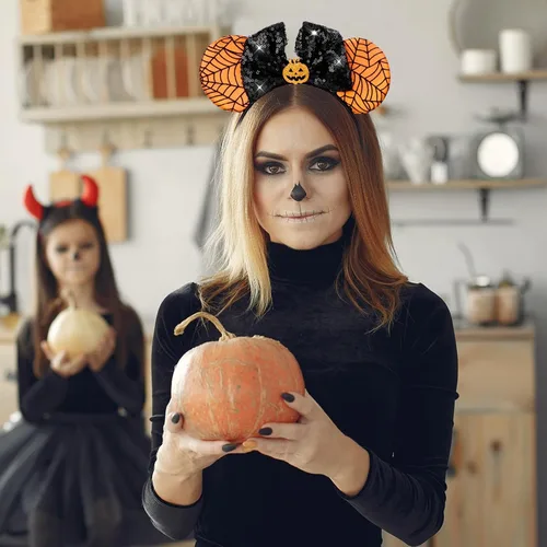 Vista 6 de TIESOME Diadema de orejas de ratón de calabaza de Halloween con lazo de lentejuelas, diadema espeluznante de calabaza, decoración de fiesta