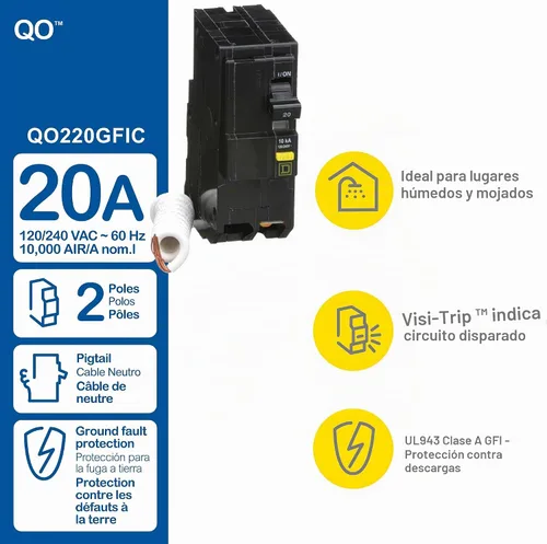 Vista 9 de Square D por Schneider Electric QO220GFICP QO Qwik-Gard, 20 amp, disyuntor GFCI de dos polos