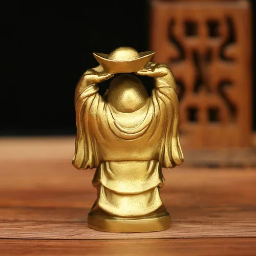 Vista 5 de BRASSTAR Adorno de latón Feng Shui Estatua de Buda riendo sosteniendo lingote bolsa de dinero para oficina en casa Figura decorativa Atrae riqueza