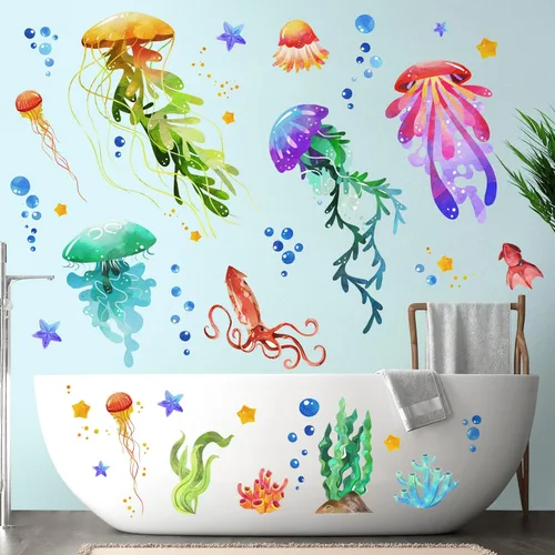 Vista 6 de Calcomanías de pared creativas 3D extraíbles bajo el mar, coloridas medusas y algas marinas, calcomanías de pared subacuáticas con vista al océano
