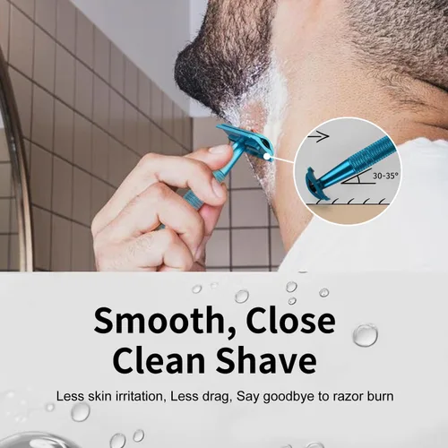 Vista 2 de Maquinilla de afeitar de seguridad azul, navajas de una sola hoja para hombres Reusable Metal Razor, with 10 Platinum Coated Double Edge Blades