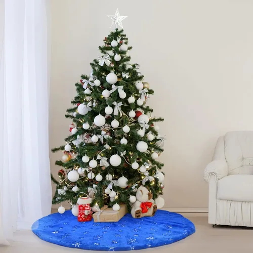 Vista 6 de Atiming Falda de árbol de Navidad azul de felpa de 30 pulgadas, falda de árbol de Navidad de piel azul oscuro con lentejuelas plateadas, copo