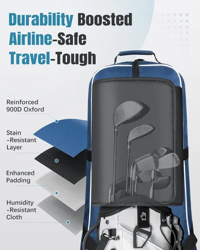 Vista 2 de Bolsas de viaje de golf RIOROO para aerolíneas con ruedas, funda de oxford 900D de lado blando, protección acolchada para palos, regalos de golf