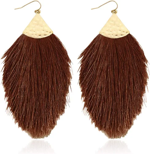 Vista 42 de Aretes bohemios de hilo sedoso con flecos y borlas – Ligeros, colgantes, con hebras y forma de pluma Fleco de plumas - Azul Aqua