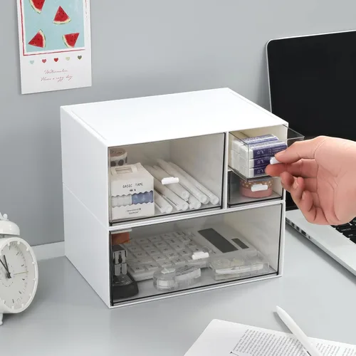 Vista 8 de MILULUGO Organizador de escritorio con 4 cajones, organizador de maquillaje, caja de almacenamiento de escritorio, caja de almacenamiento
