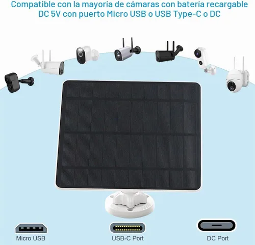 Vista 4 de Panel solar para cámara de seguridad, panel solar USB de 5 W para cámaras de CC 5 V, cargador de panel solar para cámara, micro USB, USB-C y CC
