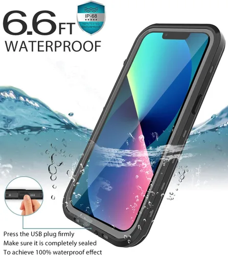 Vista 3 de Funda impermeable diseñada para iPhone 13 Mini, funda de cuerpo completo con protector de pantalla y protector de lente de cámara, a prueba