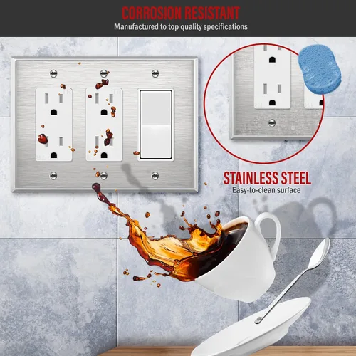 Vista 96 de ENERLITES Placa decorativa doble de metal para interruptor o receptáculo, placa de pared de acero inoxidable, resistente a la corrosión