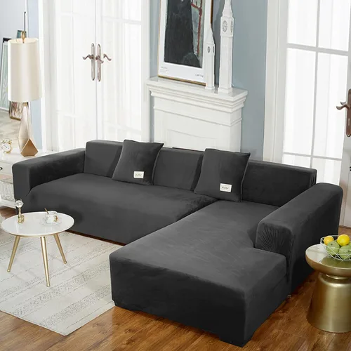 Vista 23 de IMYOGI Fundas de sofá de alta elasticidad en forma de L, 2 fundas de sofá seccionales, una para sofá porción uno para diván, de terciopelo, lavable