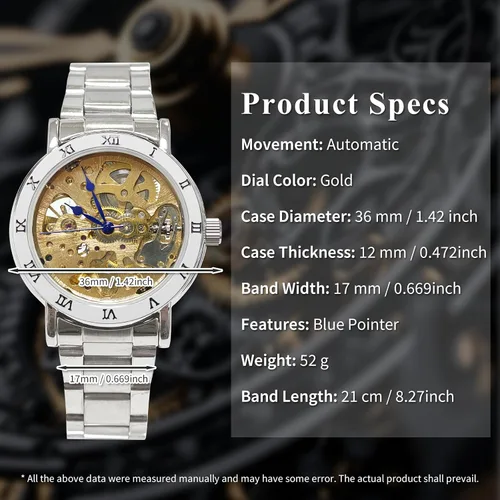 Vista 13 de Gute IK - Reloj automático para mujer, Steampunk con cuerda automática, pulsera plateada mecánica