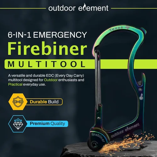 Vista 3 de OUTDOOR ELEMENT Firebiner Custom Engraved 6-in-1 Fire Starter Carabiner Multitool – Survival Gear EDC Keychain with Utility Blade, Bottle Opener