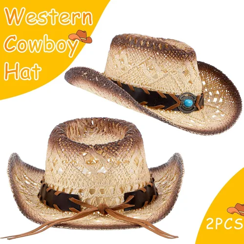 Vista 2 de 2 Pieces Cowboy Hats Cowgirl Hats for Kids Halloween Cosplay Straw Hat Child Western Straw Sun Hat for Boys Girls