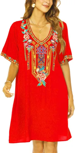 Vista 4 de AK Vestido campesino mexicano bohemio de verano para mujer, manga corta, floral, bordado, suelto, hippie, túnica bohemia