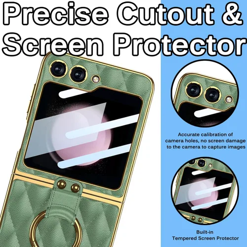Vista 5 de Miimall Con protector de pantalla compatible con Samsung Z Flip 5, funda de cuero con soporte de anillo, cubierta trasera de cuero romboide de lujo