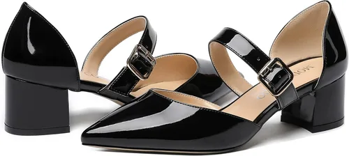 Vista 6 de MODENCOCO Zapatos de tacón bajo grueso con hebilla de bloque y correa ajustable para mujer, puntera puntiaguda, de 2 pulgadas