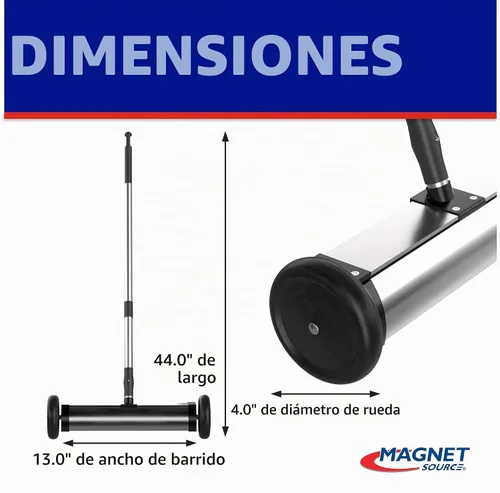 Vista 2 de Master Magnetics Barredora magnética con ruedas – Mini tipo empuje con mango de liberación y telescópica – Potente herramienta magnética para patio