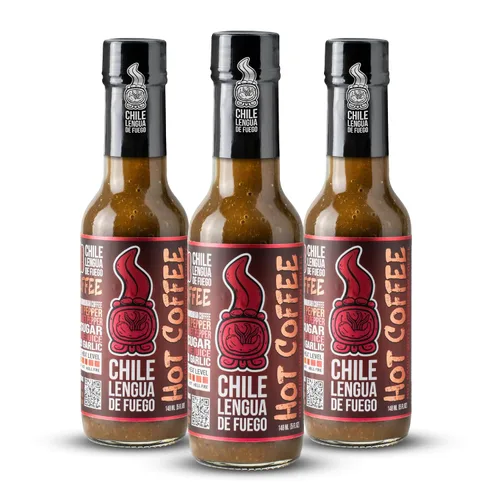 Vista 8 de Chile Lengua de Fuego Café caliente – Salsa picante jalapeño infundida con café, sabor ahumado tostado oscuro, calor suave, botella de 5 onzas