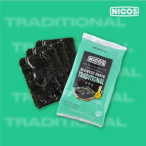 Vista 8 de Nicos Bocadillo de algas marinas Sabor tradicional (paquete de 18) Bocadillo asado condimentado, comida coreana, aperitivo de mar para niños