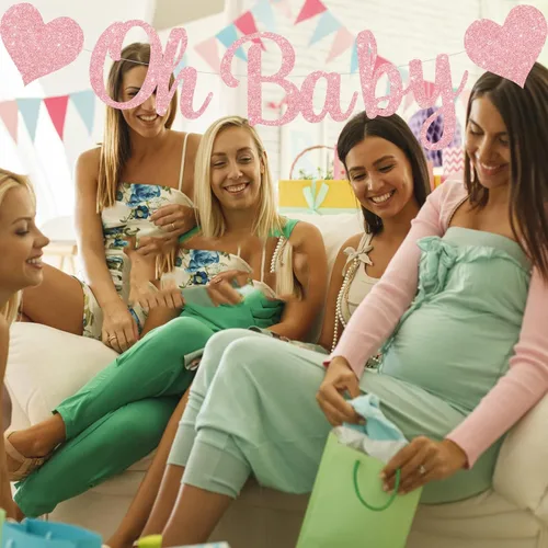 Vista 6 de Oh Baby - Cartel de revelación de género rosa con espirales Decoraciones de baby shower para fiesta de niña