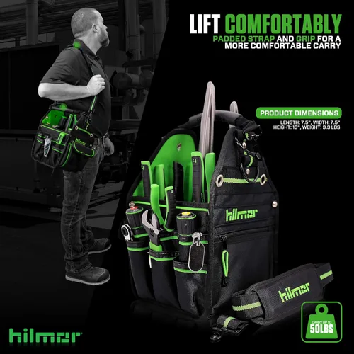 Vista 5 de Hilmor HT 1839078 - Bolsa de herramientas HVAC con 27 bolsillos, clip para llaves, lazo para cinta, correa para el hombro, herramientas y equipos