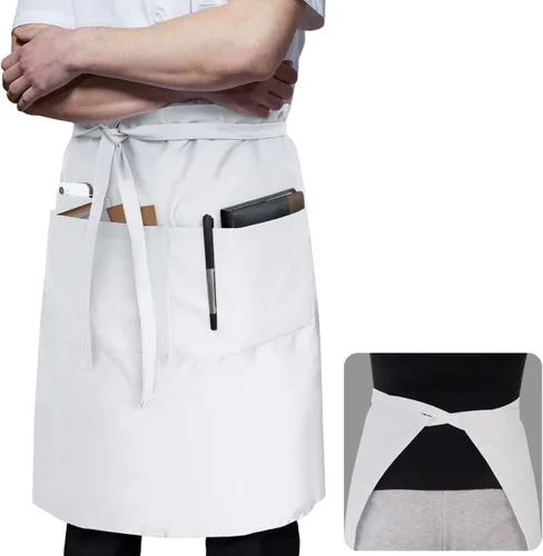 Vista 8 de ROTANET Delantal largo negro con 3 bolsillos, delantales de medio delantal para hombres y mujeres, camarera chef, 28 pulgadas, impermeable
