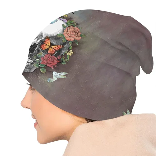Vista 2 de Gorro de punto con diseño de calavera de azúcar y flores, para adultos, cálido, holgado, regalo para hombres y mujeres